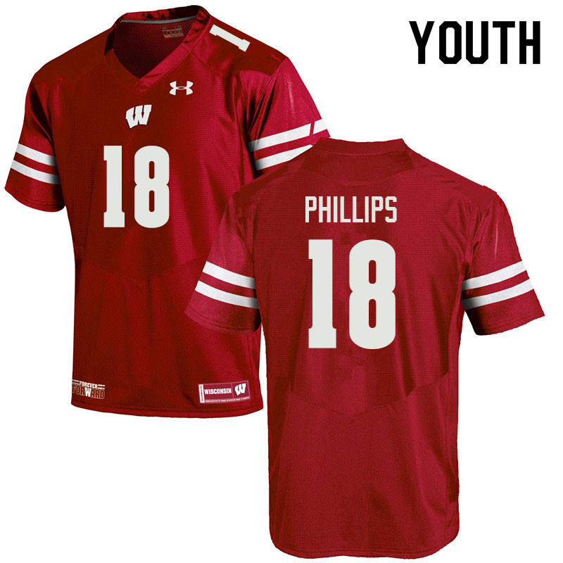 Wisconsin Badgers Youth #18 Cam Phillips NCAA Under Armour Authentic Red College Stitched Football Jersey AS40A54QO